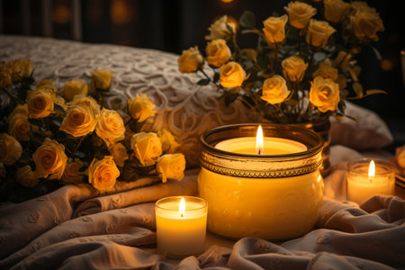 Cozy bedroom scene with steaming cup of tea, mint and lemon, creating a tranquil atmosphereの素材