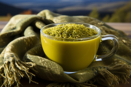 Green tea cup on cozy coffee table against warm background, ideal for relaxing atmosphereの素材