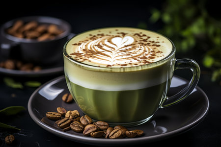 High quality image of green tea cup on coffee table with cozy background and soft lighting,の素材