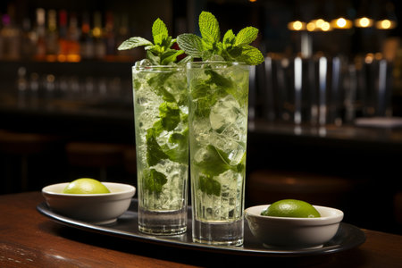 Refreshing lemon and ice water in tall glass, like a mojito, for sale on photo stock,の素材