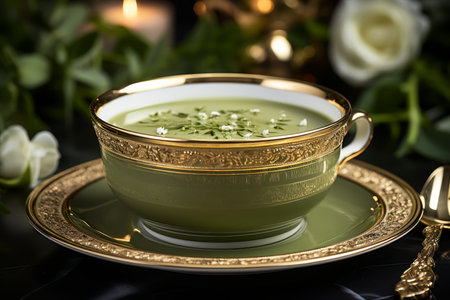 High quality image of green tea cup on cozy coffee table against warm and cozy background,の素材