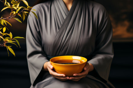 Close up view of person holding a steaming cup of delicious and aromatic herbal tea,の素材