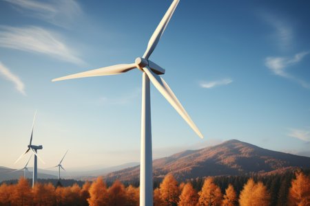 Wind turbines turn under serene blue skies, symbolizing renewable energy and sustainability.の素材