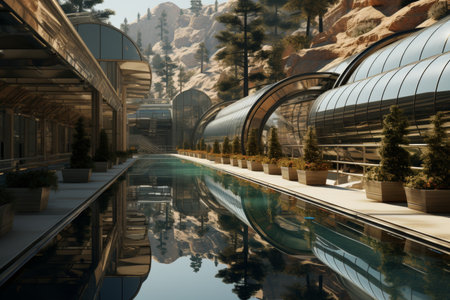 Sunlight reflections on water near hydroelectric power station, tranquil natural atmosphereの素材