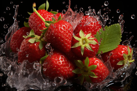 Macro shot of juicy ripe strawberries falling with selective focus on black backgroundの素材
