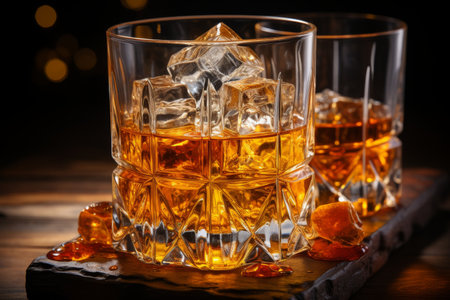 Selective focus whiskey glass on rustic background with ice cubes, alcoholic beverage conceptの素材