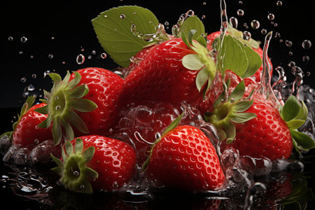Captivating close up of a luscious ripe strawberry falling with selective focus.の素材