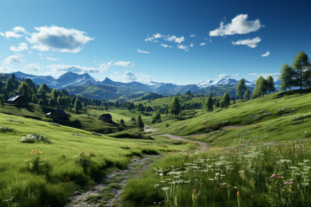 A scenic view of a green hillside with a dirt path leading to snow-capped mountains in the distance. Blue sky with white clouds and warm sunlight, perfect for travel ads showing Swiss beauty.の素材