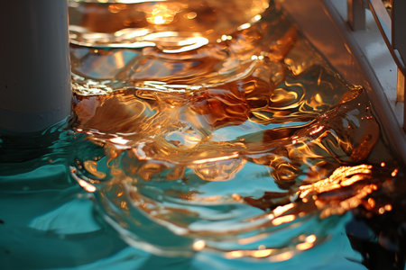 Golden water reflecting the setting sun, creating ripples. White structure in the distance, partially obscured by water. Sunlight painting the scene with warm hues, evoking tranquility.の素材