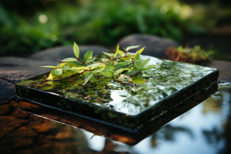 A close-up of a serene water garden with lily pads floating on the surface and a stone slab partially submerged in the water, creating a tranquil and peaceful atmosphere.の素材