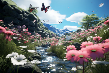 A breathtaking landscape featuring a river winding through a valley surrounded by greenery and colorful flowers, with fluttering butterflies and snow-capped mountains in the background.の素材