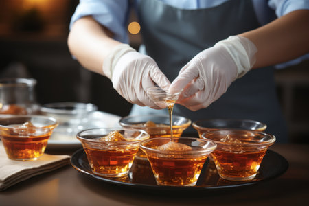An image of a servers gloved hands carefully pouring honey into teacups on a tray. The server is wearing a dark apron and there is a dark surface in the background.の素材