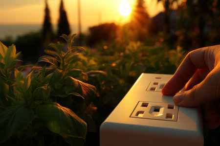 The setting sun casts a warm glow on a hand plugging into an outdoor electrical outlet. The outlet is mounted on a wall next to a lush green plant and the sky is setting in the background.の素材