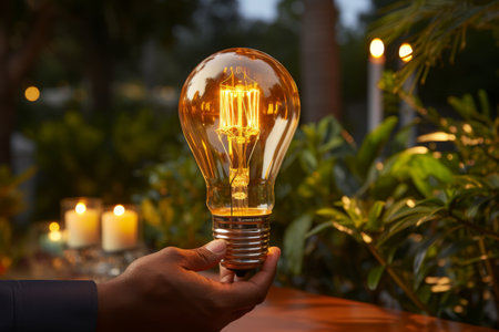 Light bulb symbolizing innovation, creativity, energy-saving concept. Suitable for environment, energy, technology themes. Isolated on dark background with shallow depth of field.の素材