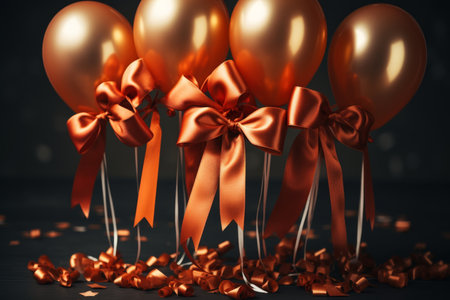 Five vibrant orange balloons with elegant bows on a dark background, ideal for birthdays, parties, and special occasions. Perfect for adding joy to designs and text mockups.の素材
