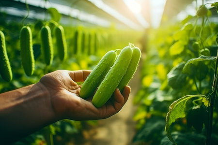 Summer cultivation of cucumbers in greenhouse tunnels, agriculture and farming concept.の素材