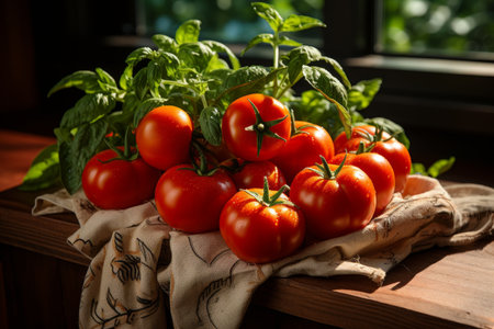 Organic tomatoes in vibrant, fresh agricultural setting, capturing their essence beautifully.の素材