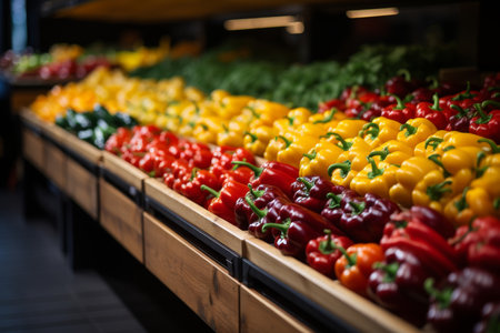 Assorted varieties of ripe, fresh tomatoes beautifully arranged on a vibrant market stall displayの素材