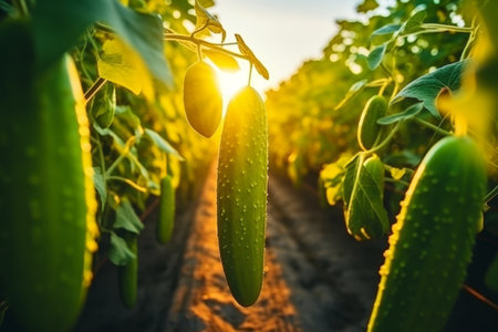 Lush cucumber plants flourishing in greenhouse tunnels during the sunny summer seasonの素材