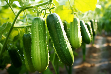 Growing fresh cucumbers in greenhouse tunnels during vibrant summer months for a bountiful harvest.の素材
