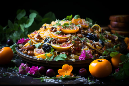 Variety of appetizing spaghetti dishes with different pasta shapes and savory sauces for saleの素材