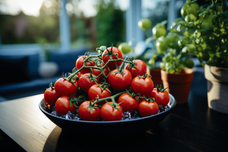 Tomato plants thriving in vibrant balcony garden setting with lush greenery and colorful containersの素材