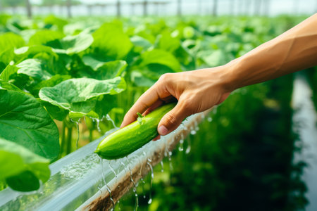 Bountiful cucumber cultivation in summer within greenhouse tunnels under bright sunlight.の素材