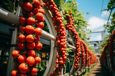 Futuristic vertical tomato farming in urban setting with high rise buildings and advanced technologyの素材