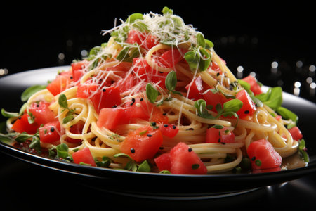 Assorted spaghetti dishes with various pasta and sauces in appetizing presentationの素材