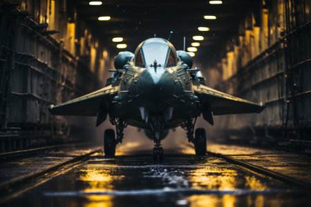 16 fighter jet taking off from aircraft carrier in the middle of the ocean, dramatic sceneの素材