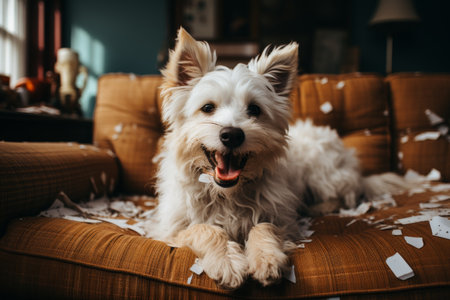 Mischievous dog causing havoc by playfully chewing on slippers in a cozy home settingの素材