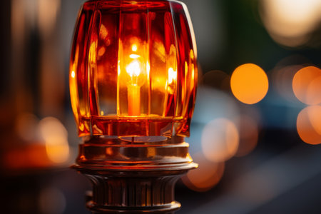 Close up view of red traffic light in urban city setting, transport safety conceptの素材