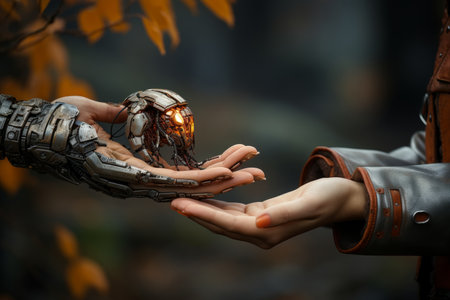 Close-up of robotic hand gripping large apple, technology and innovation conceptの素材