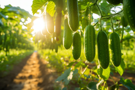 Cultivating cucumbers in greenhouse tunnels during vibrant summer for a bountiful harvest.の素材