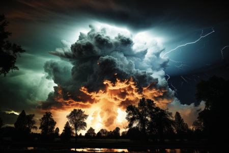 Detailed illustration of massive tornado against dark sky with swirling clouds and sun raysの素材