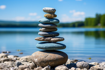 Stunning stone stack on seashore against clear sky and sea as magnificent backdropの素材