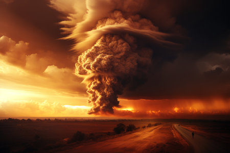 High quality realistic image of a massive tornado with swirling sun rays against a dark stormy skyの素材