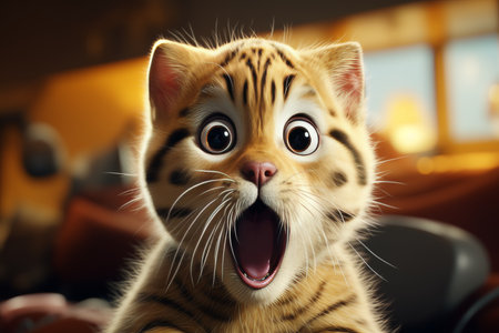 Surprised cat on hind legs against bright background, portraying playfulness and spontaneityの素材