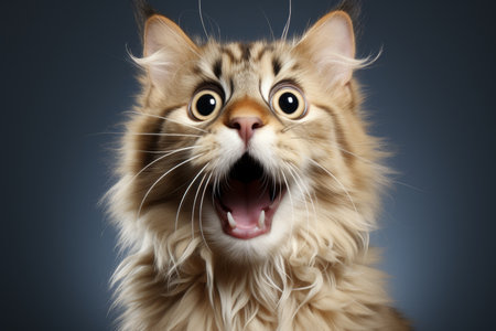 Playful surprised cat standing on hind legs in spontaneous moment against bright backgroundの素材