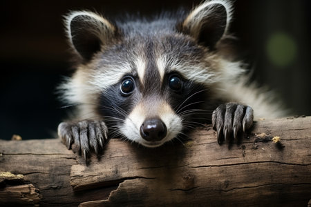 Curious raccoon looking surprised in natural forest habitat, adorable wildlife photographyの素材