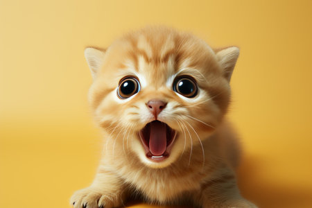 Surprised playful cat with highly expressive face standing on hind legs against bright backgroundの素材