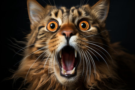 Adorable surprised cat standing on hind legs with playful expression on bright backgroundの素材