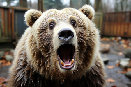 Surprised bear with wide open eyes and stretched mouth, expressing astonishment and curiosityの素材