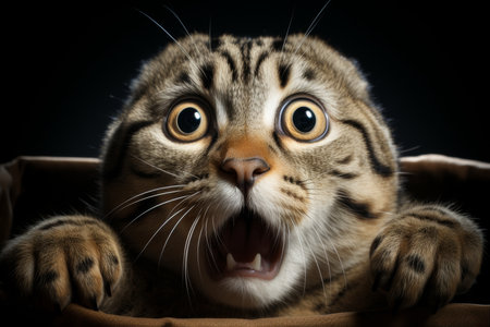 Cute cat standing on hind legs in surprised, playful moment against bright backgroundの素材