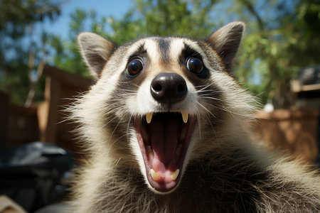 Curious raccoon with a surprised expression looking astonished in its natural habitatの素材