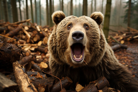 Surprised bear with wide open eyes and stretched mouth, expressing astonishment and curiosityの素材