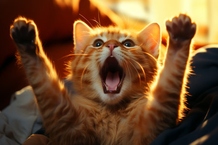 Playful cat with surprised expression standing on hind legs against bright backgroundの素材