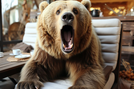 Surprised bear with astonished wide open eyes and stretched mouth exhibiting curiosityの素材