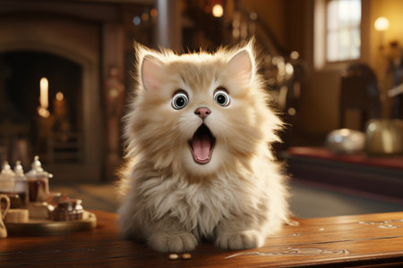 Surprised cat with playful expression on hind legs against bright light backgroundの素材