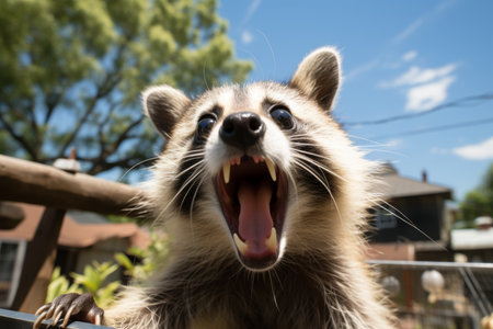 Inquisitive raccoon with a surprised expression looking directly into the cameraの素材